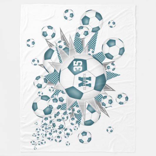 ティール(緑がかった色)ホワイトサッカーボールが女の子スポーツの装飾 フリースブランケット (正面)