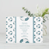 ティール(緑がかった色)ホワイトサッカーボールパターン誕生日パーティー 招待状 (スタンド正面)