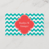 ティール(緑がかった色)ホワイトシェブロンコーラルクローバー3モノグラム 名刺 (裏面)