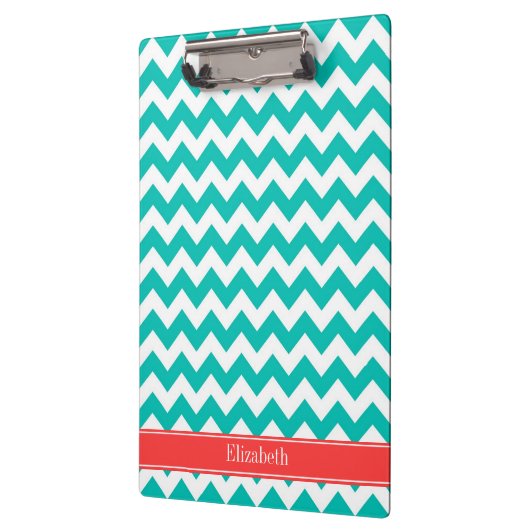 ティール（緑がかった色）ホワイトシェブロンジグザグコーラルネームモノグラム クリップボード (左)