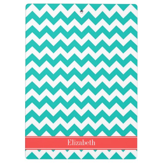 ティール（緑がかった色）ホワイトシェブロンジグザグコーラルネームモノグラム クリップボード (裏面)