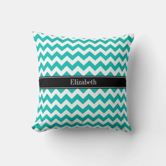 ティール(緑がかった色)ホワイトシェブロンジグザグブラックネームモノグラム クッション (正面)