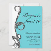 ティール(緑がかった色)ホワイトシルバーグリッタースワールスウィート16パーティー 招待状 (正面)