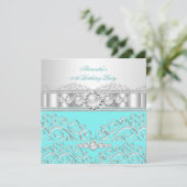 ティール（緑がかった色）ホワイトシルバーレースパールバースデーパーティー2a 招待状 (スタンド正面)