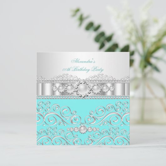 ティール(緑がかった色)ホワイトシルバーレースパールバースデーパーティー2a 招待状 (スタンド正面)