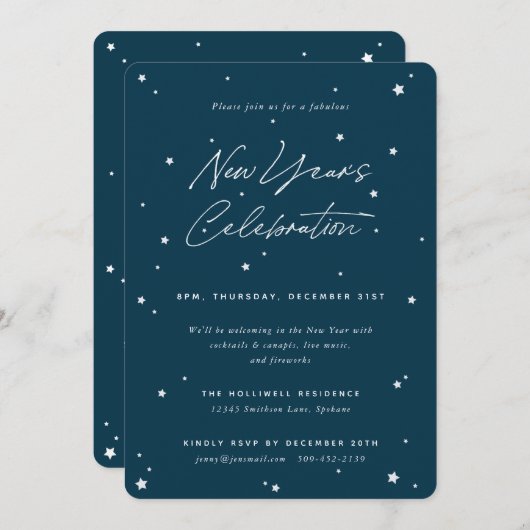 ティール(緑がかった色)+ホワイトスクリプト散らばった星新年のパーティー 招待状 (正面/裏面)