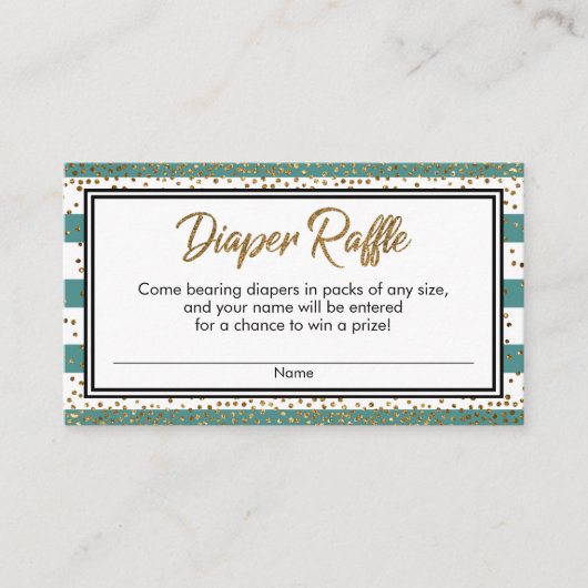 ティール(緑がかった色)&ホワイトストライプ紙吹雪、おむつラッフルカード エンクロージャーカード (正面)