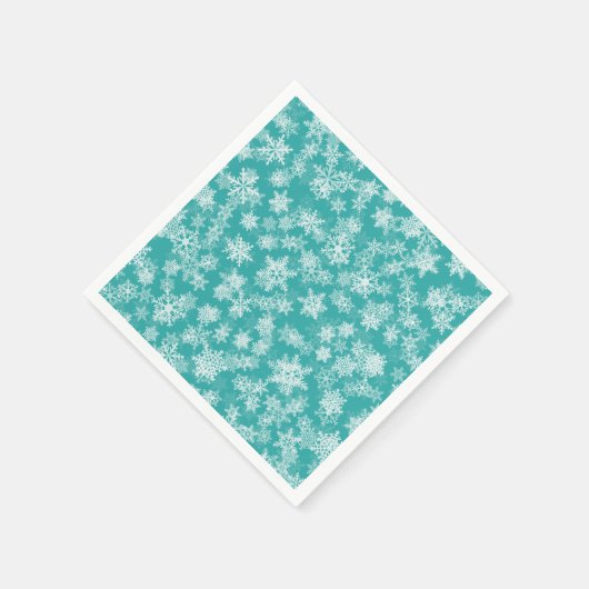 ティール（緑がかった色）&ホワイトスノーフレークスウィンターワンダーランドホリデー スタンダードカクテルナプキン (角)
