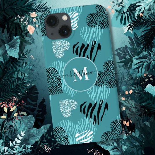 ティール（緑がかった色）ホワイトゼブラ印刷ハートモノグラムiPhoneケース Case-Mate iPhoneケース