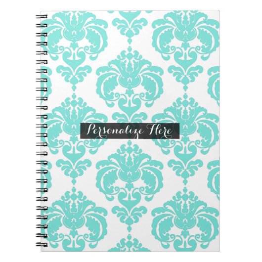 ティール(緑がかった色)&ホワイトダマスクシックモダンパタエレガントーン ノートブック (正面)