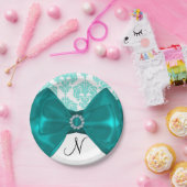 ティール（緑がかった色）&ホワイトダマスクボーきらきら光るグラムスウィート16パーティー ペーパープレート (パーティー)