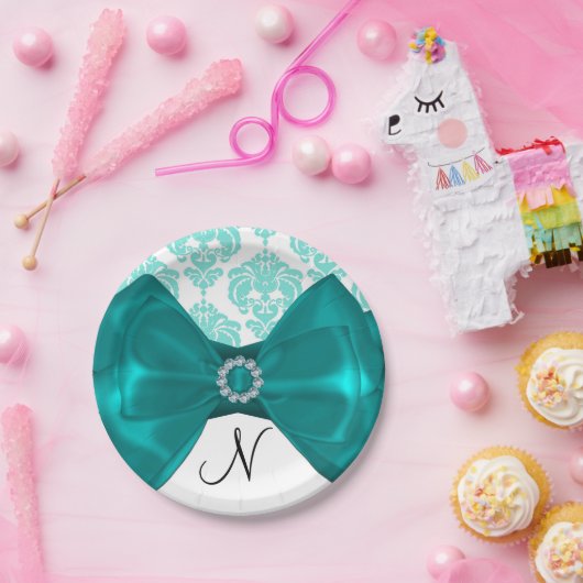 ティール（緑がかった色）&ホワイトダマスクボーきらきら光るグラムスウィート16パーティー ペーパープレート (パーティー)