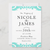 ティール(緑がかった色)&ホワイトダマスシックエレガントミニマル結婚ズ 招待状 (正面)