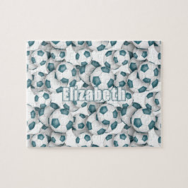 ティール（緑がかった色）ホワイトチームの色の女の子の男の子サッカー ジグソーパズル