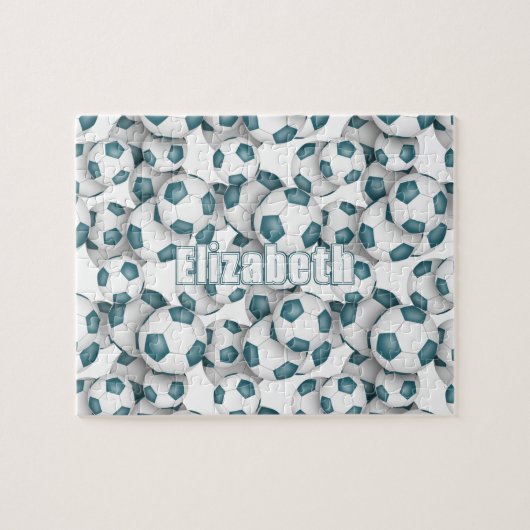 ティール（緑がかった色）ホワイトチームの色の女の子の男の子サッカー ジグソーパズル (横)