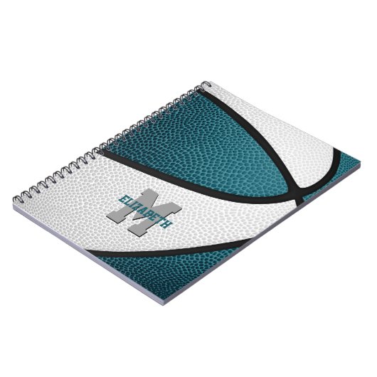 ティール(緑がかった色)ホワイトチームカラーズガールズバスケットボールガールズボーイズ ノートブック (左側)