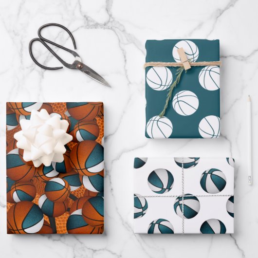 ティール(緑がかった色)ホワイトチームカラーバスケットボールおめでとう ラッピングペーパーシート (正面)