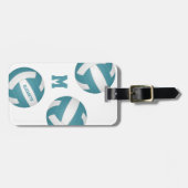 ティール（緑がかった色）ホワイトチームカラーバレーモノグラムのバッグ ラゲッジタグ (正面横)