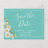 ティール（緑がかった色）&ホワイトデイジー日付QRコードの保存 案内ポストカード (正面)