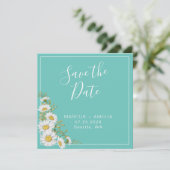 ティール(緑がかった色)&ホワイトデイジー日付QRコードの保存 案内状 (スタンド正面)