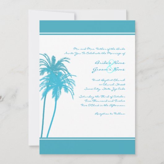 ティール（緑がかった色）&ホワイトトロピカルパームス招待状 招待状 (正面)