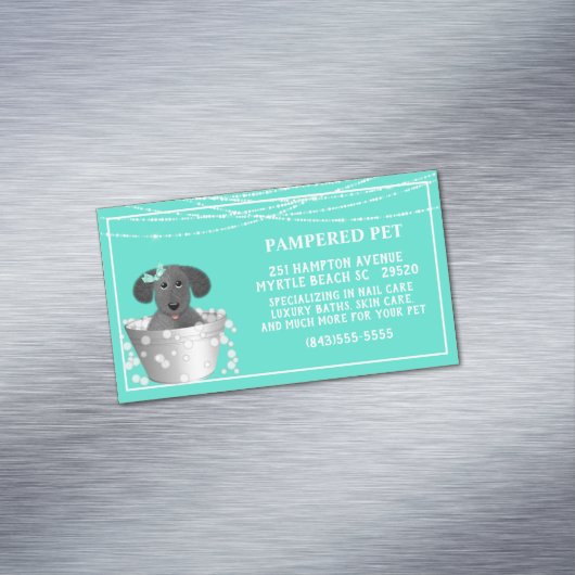 ティール（緑がかった色）ホワイトドッグインタブペットトリマー マグネット名刺 (インサイチュ)