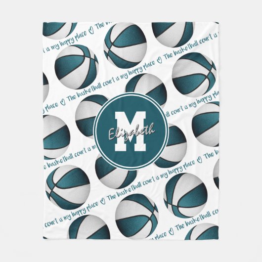 ティール（緑がかった色）ホワイトバスケットボールのコートは私の幸せな場所である フリースブランケット (正面)