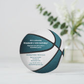 ティール(緑がかった色)ホワイトバスケットボールの誕生日パーティー 案内状 (スタンド正面)