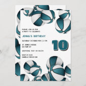 ティール(緑がかった色)ホワイトバスケットボール女の子スポーツ誕生日 招待状 (正面/裏面)