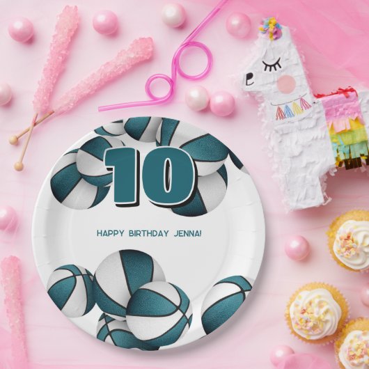 ティール（緑がかった色）ホワイトバスケット女の子の男の子スポーツパーティー ペーパープレート (パーティー)