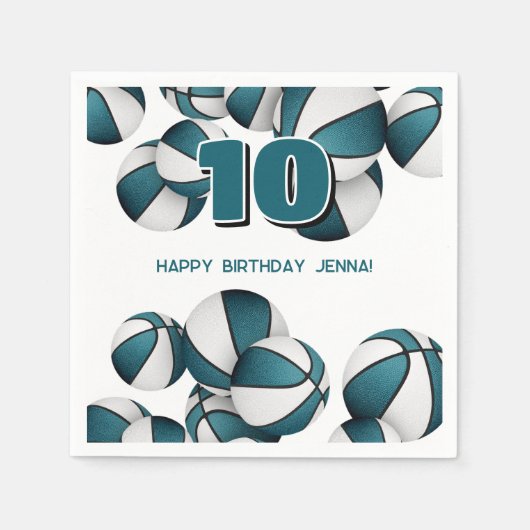 ティール（緑がかった色）ホワイトバスケット男の子の女の子スポーツパーティー スタンダードカクテルナプキン (正面)