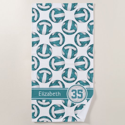 ティール(緑がかった色)ホワイトバレーボールスポーティパーソナライズされた女 ビーチタオル (正面)