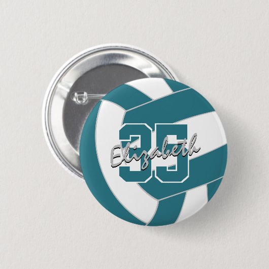 ティール（緑がかった色）ホワイトバレーボールチームの色 缶バッジ (正面&裏面)