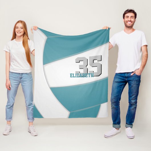 ティール(緑がかった色)ホワイトバレーボールチームカラー名前をカスタムする フリースブランケット (インサイチュ)