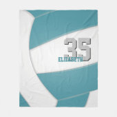 ティール(緑がかった色)ホワイトバレーボールチームカラー名前をカスタムする フリースブランケット (正面)