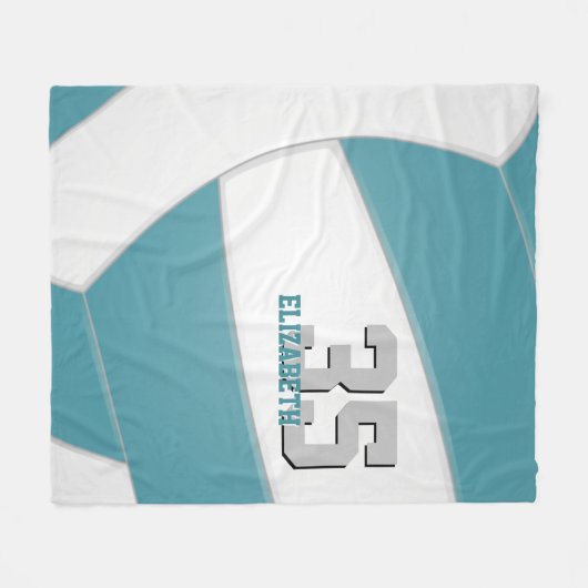 ティール(緑がかった色)ホワイトバレーボールチームカラー名前をカスタムする フリースブランケット (正面(横))