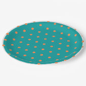 ティール(緑がかった色)ホワイトバーンオレンジ水玉模様 ペーパープレート (アングル)