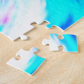 ティール（緑がかった色）ホワイトピンク波モノグラム抽象芸術パターン ジグソーパズル (側面)