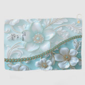 ティール（緑がかった色）ホワイトフローラゴルフタオル ゴルフタオル (横)