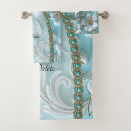 ティール(緑がかった色)ホワイトフローラタオルセット バスタオルセット