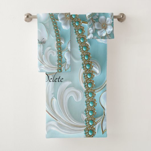 ティール（緑がかった色）ホワイトフローラタオルセット バスタオルセット (インサイチュ)
