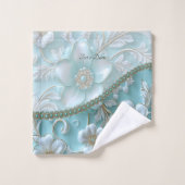 ティール（緑がかった色）ホワイトフローラタオルセット バスタオルセット (ウォッシュタオル)