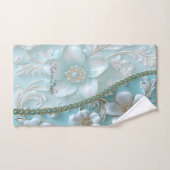 ティール（緑がかった色）ホワイトフローラタオルセット バスタオルセット (ハンドタオル)