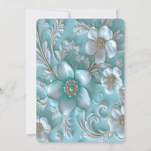 ティール(緑がかった色)ホワイトフローラブライダルシャワー 招待状 (裏面)