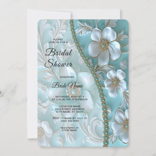 ティール（緑がかった色）ホワイトフローラブライダルシャワー 招待状 (正面)