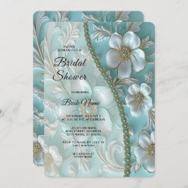 ティール（緑がかった色）ホワイトフローラブライダルシャワー 招待状