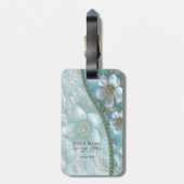 ティール（緑がかった色）ホワイトフローララゲージタグ ラゲッジタグ (裏面縦)