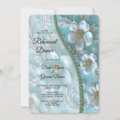 ティール（緑がかった色）ホワイトフローラリハーサルディナー 招待状 (正面)