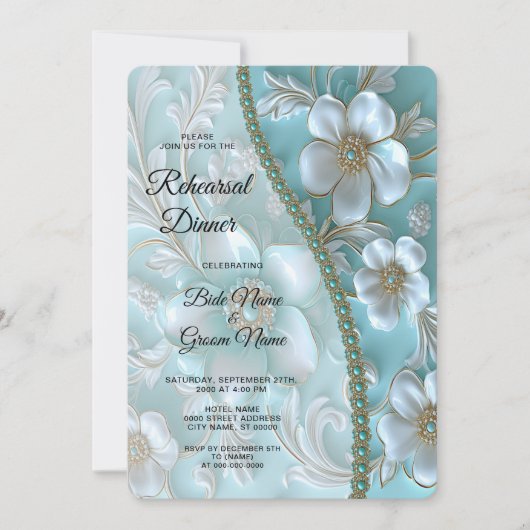 ティール(緑がかった色)ホワイトフローラリハーサルディナー 招待状 (正面)
