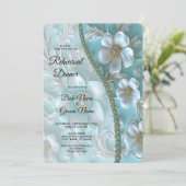 ティール（緑がかった色）ホワイトフローラリハーサルディナー 招待状 (スタンド正面)